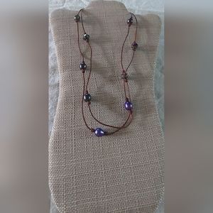 Handmade Purple & Peacock Pearls & Crystal Beads And Brown Leather Necklace